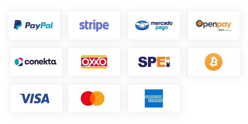 OXXO, Stripe, Mercado Pago, Visa, Mastercard, PayPal, SPEI