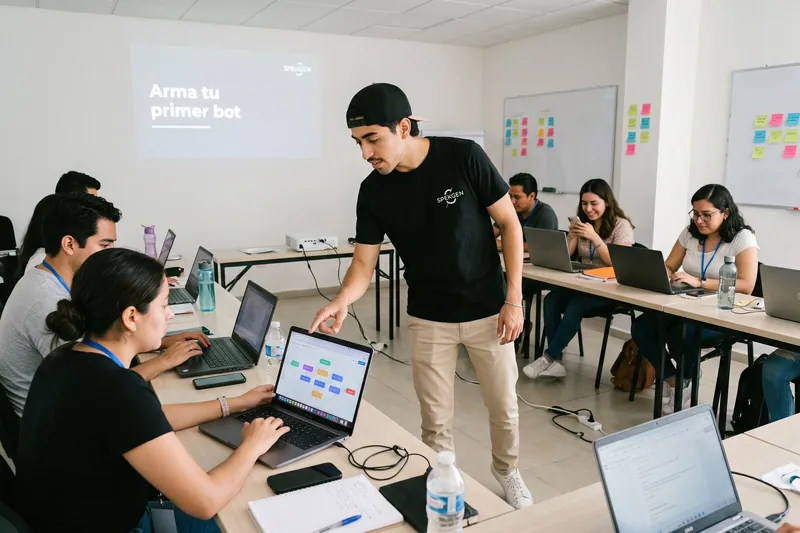 Capacitación de IA para empresas impartida por SPEKGEN en un taller con laptops